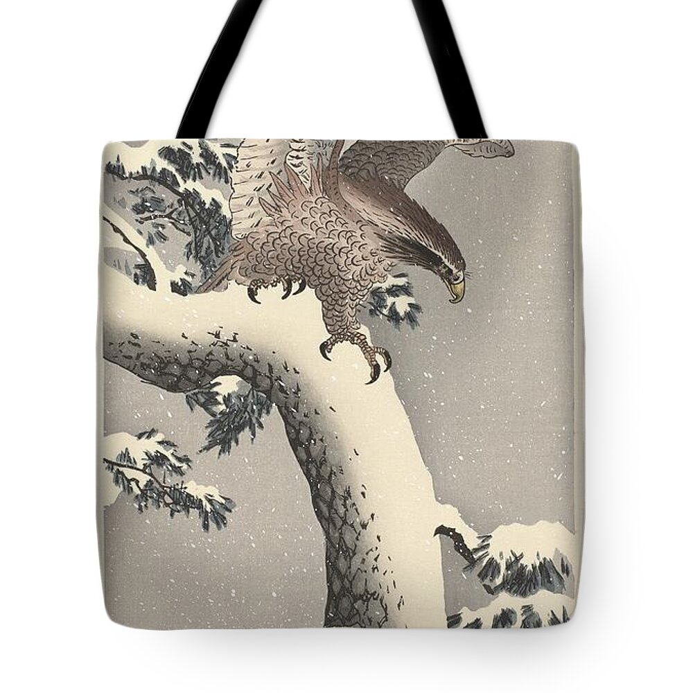 Eagle On Snowy Pine Tote Bag featuring the painting Eagle on snowy pine by Celestial Images