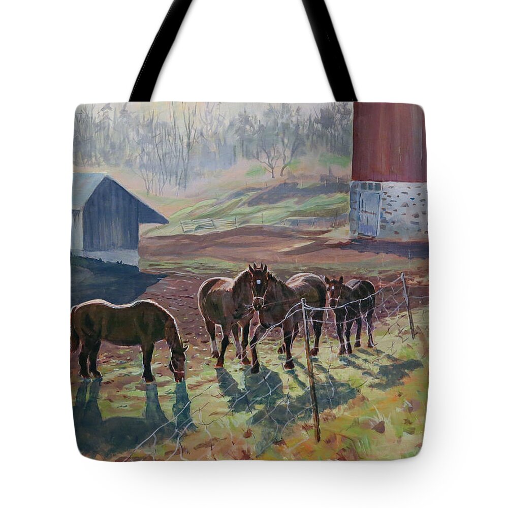 Early December Tote Bag featuring the painting Early December at the Farm by David Gilmore