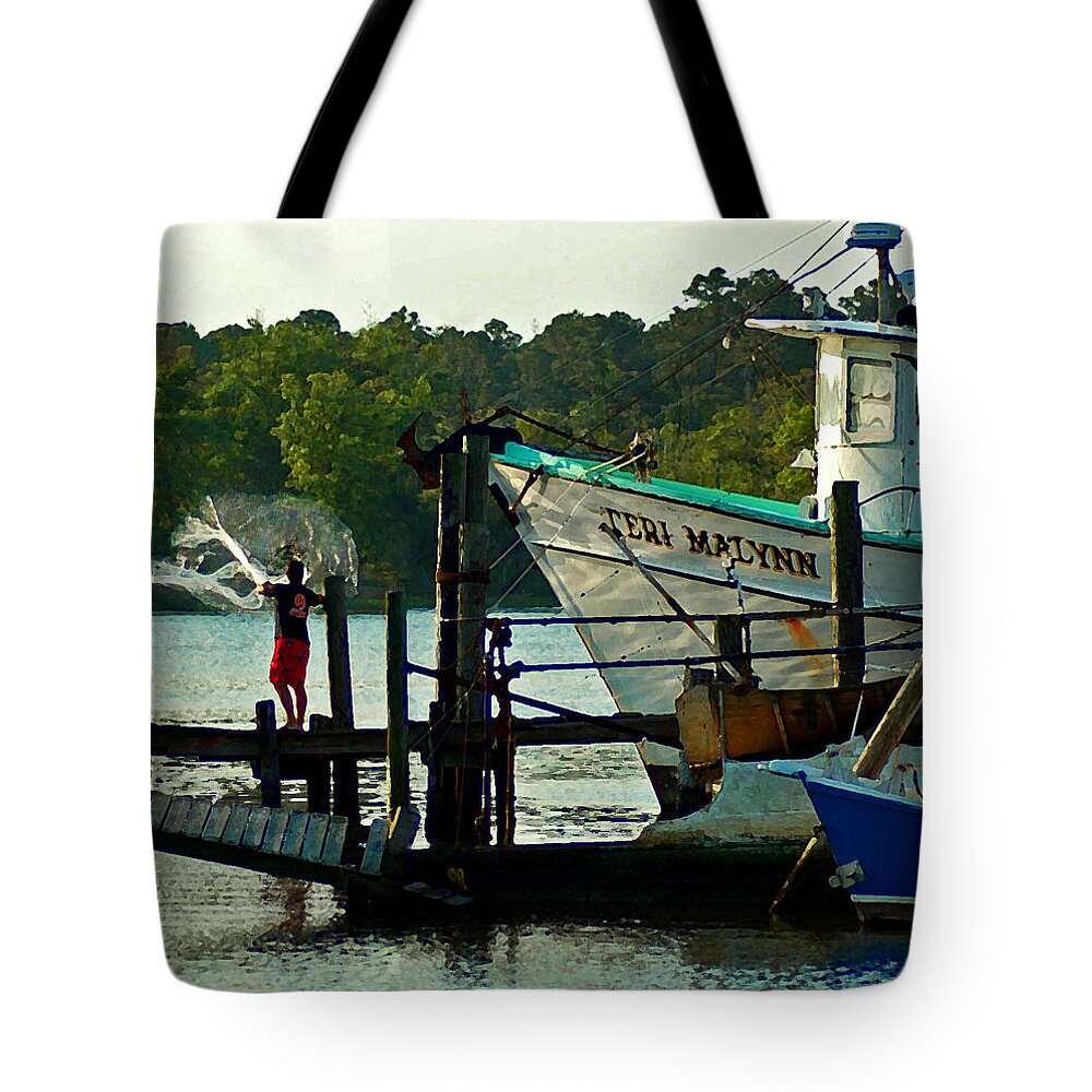 Shrimp Boat Tote Bag featuring the painting Early Morning Net Toss by Michael Thomas