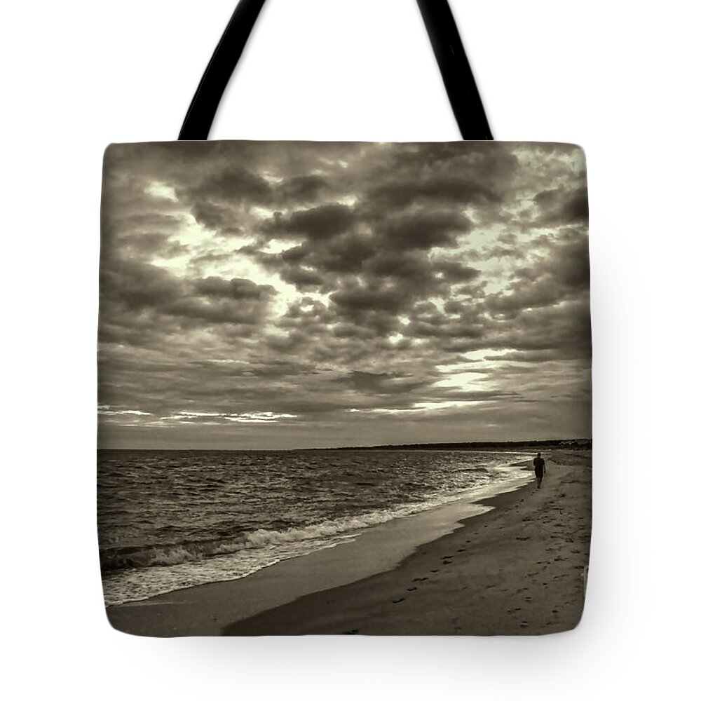 Man Tote Bag featuring the photograph Early Morning Walk On Virginia Beach by Jeff Breiman