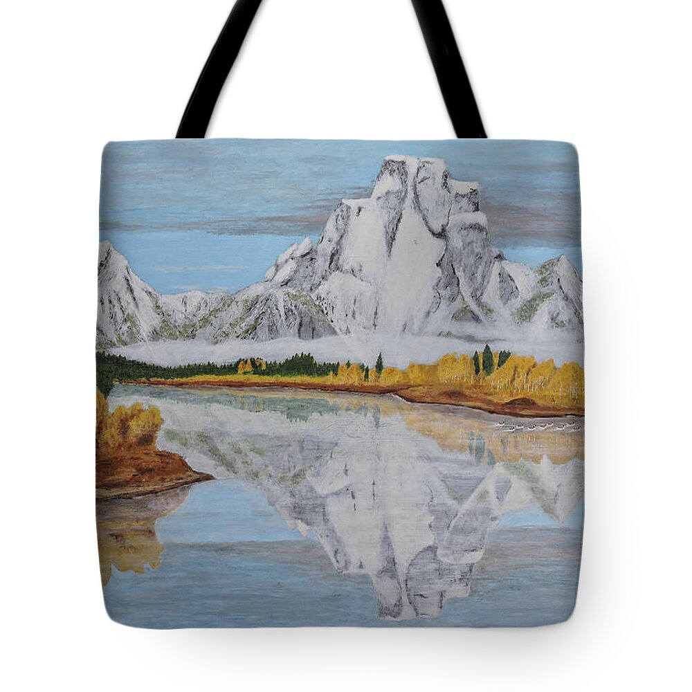 Teton Snowfall Tote Bag featuring the painting Early Snowfall at Oxbow by L J Oakes