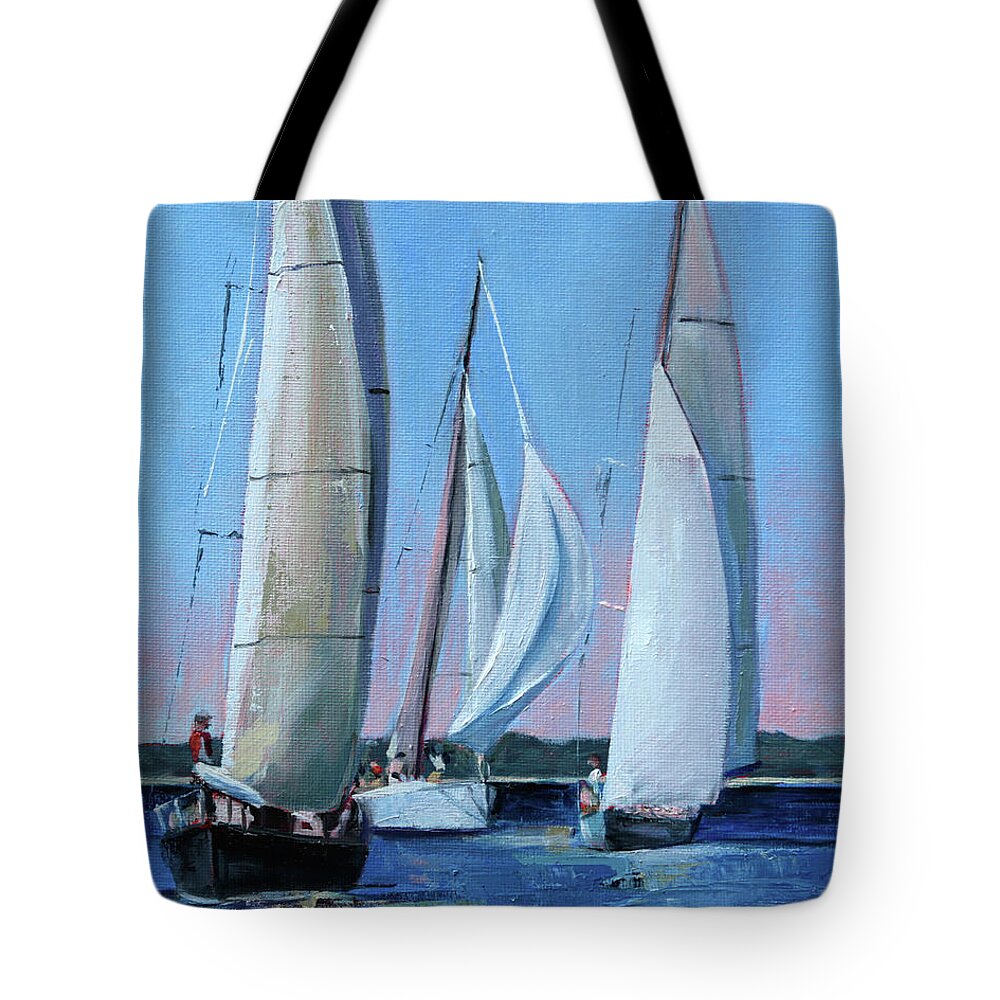 Sailboat Tote Bag featuring the painting Early Sunset Trio by Trina Teele