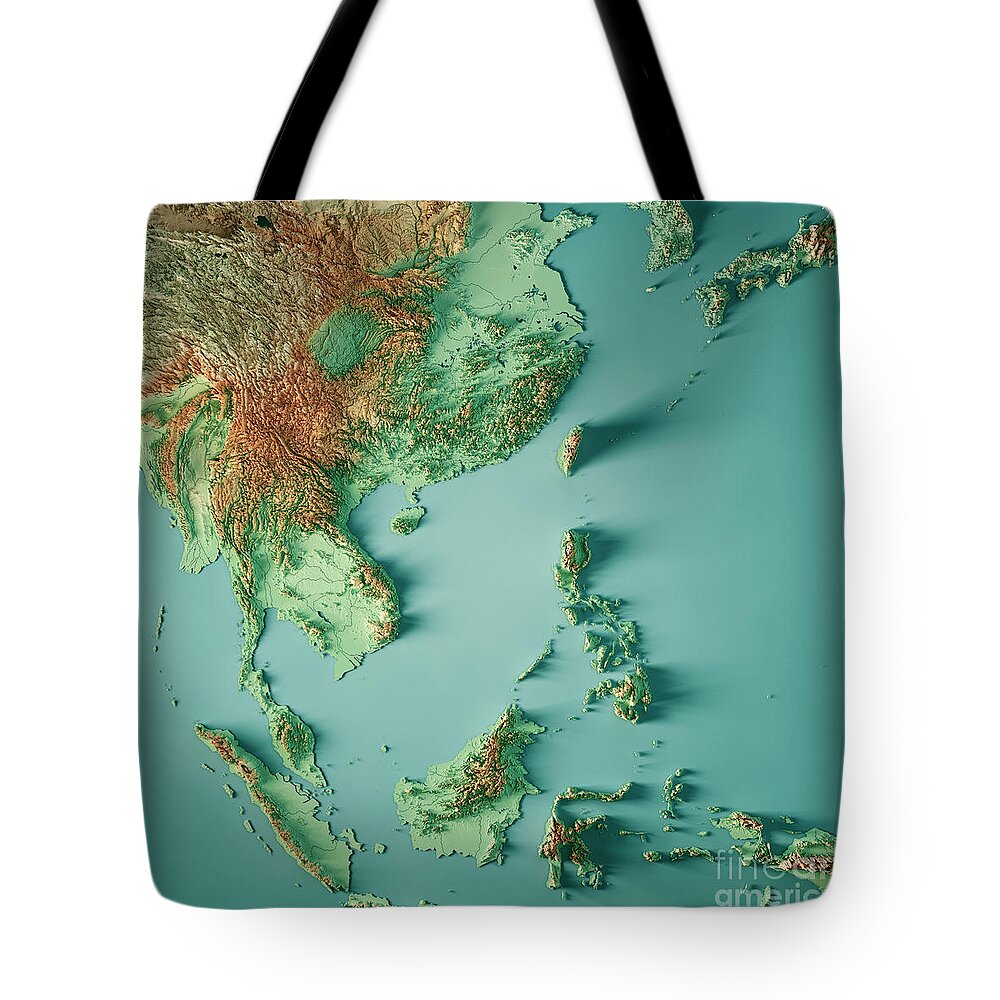 Sea Tote Bag featuring the digital art East Asia 3D Render Topographic Map Color by Frank Ramspott
