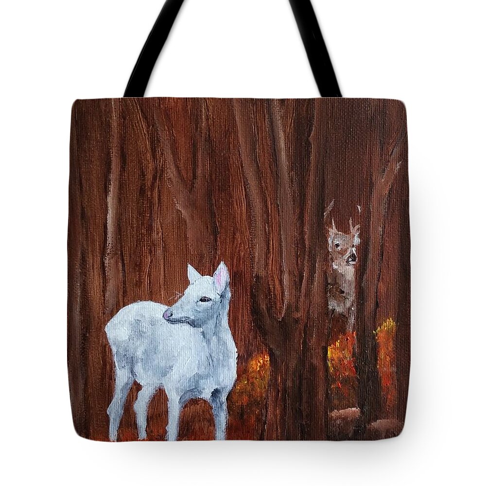 Deer Tote Bag featuring the painting East Aurora Albino Deer, by Ellen Canfield
