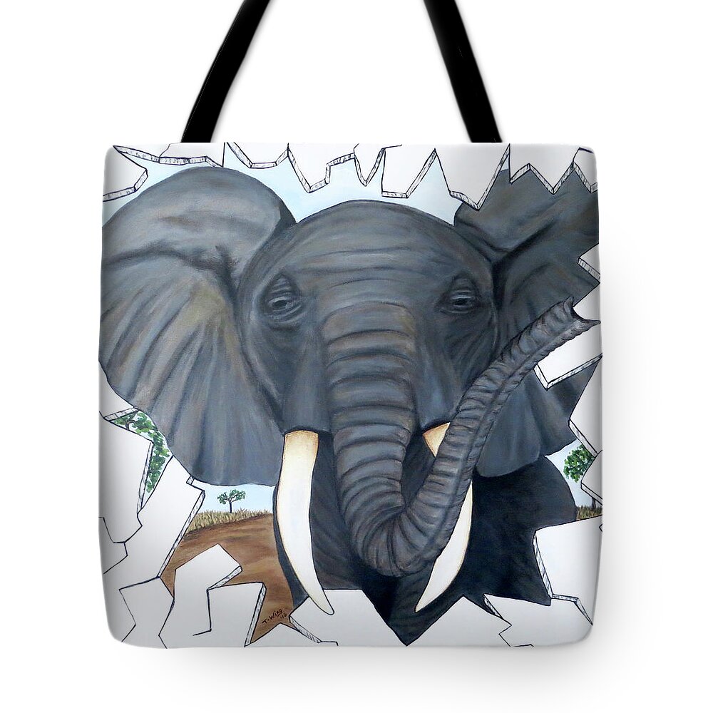 Elephant Tote Bag featuring the painting Eavesdropping Elephant by Teresa Wing
