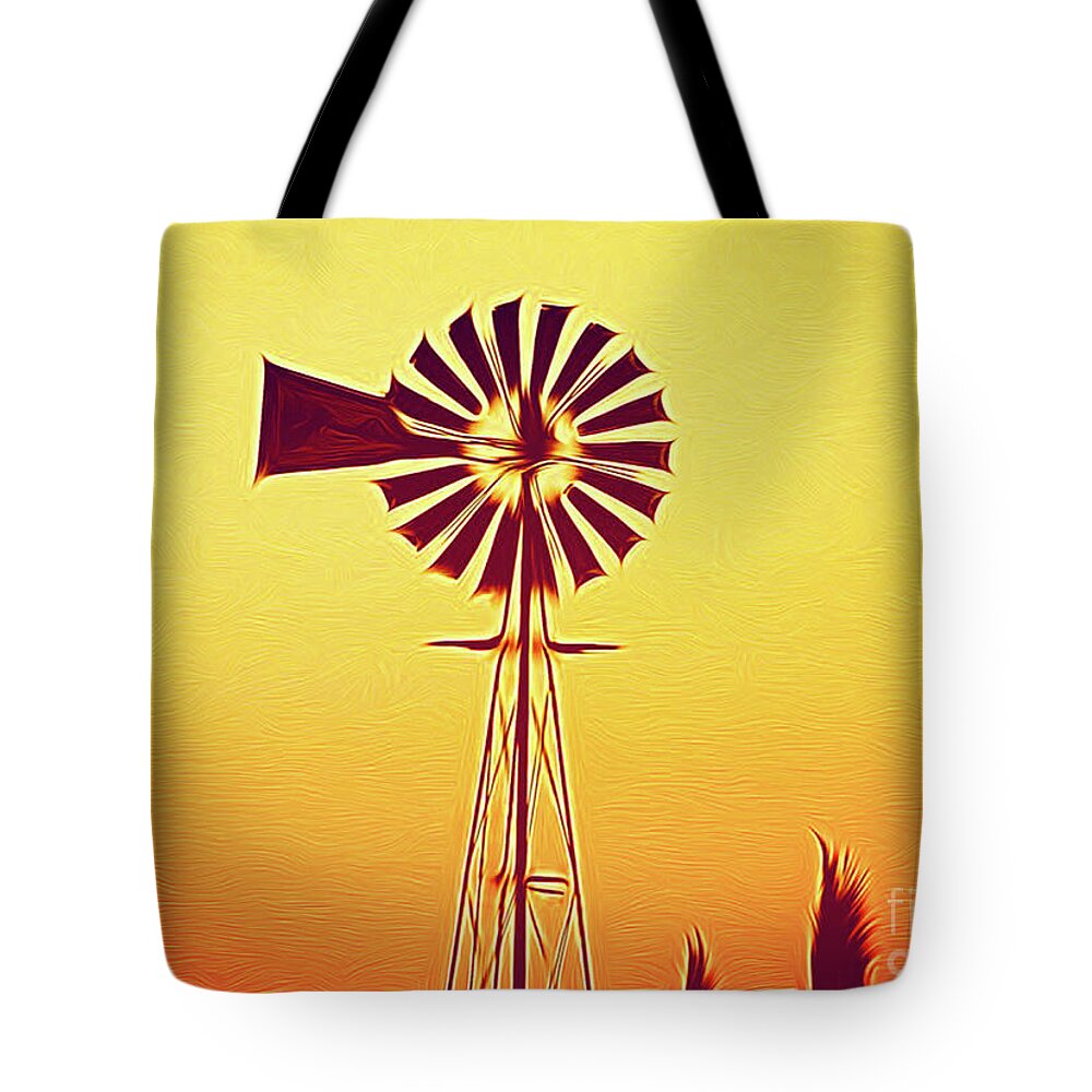 Eclipse Windmill Tote Bag featuring the photograph Eclipse Windmill into the Sunset, Irrigation, mechanical power by Wernher Krutein