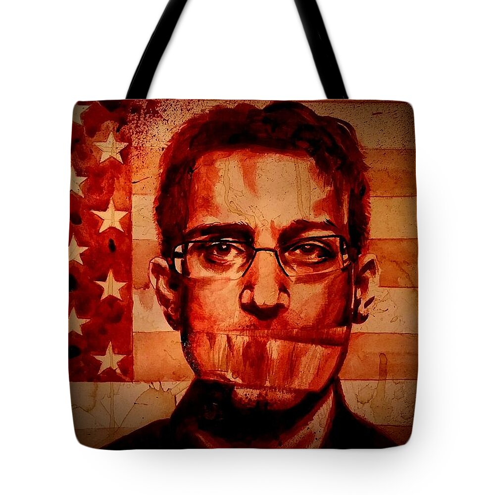 Ryan Almighty Tote Bag featuring the painting EDWARD SNOWDEN portrait fresh blood by Ryan Almighty