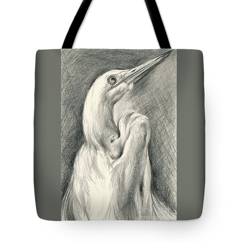 Bird Tote Bag featuring the drawing Egret Looking Heavenward by MM Anderson