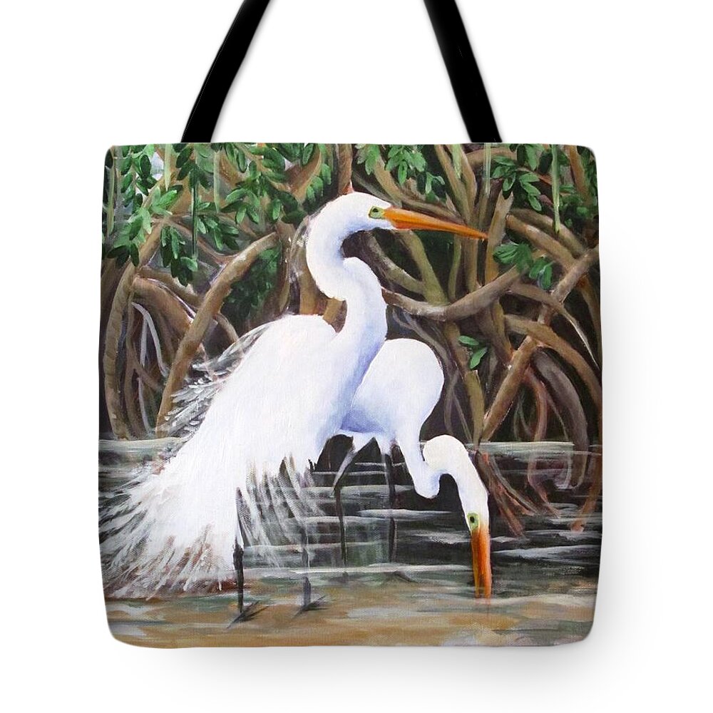 Egrets Tote Bag featuring the painting Egrets and Mangroves by Carol Allen Anfinsen
