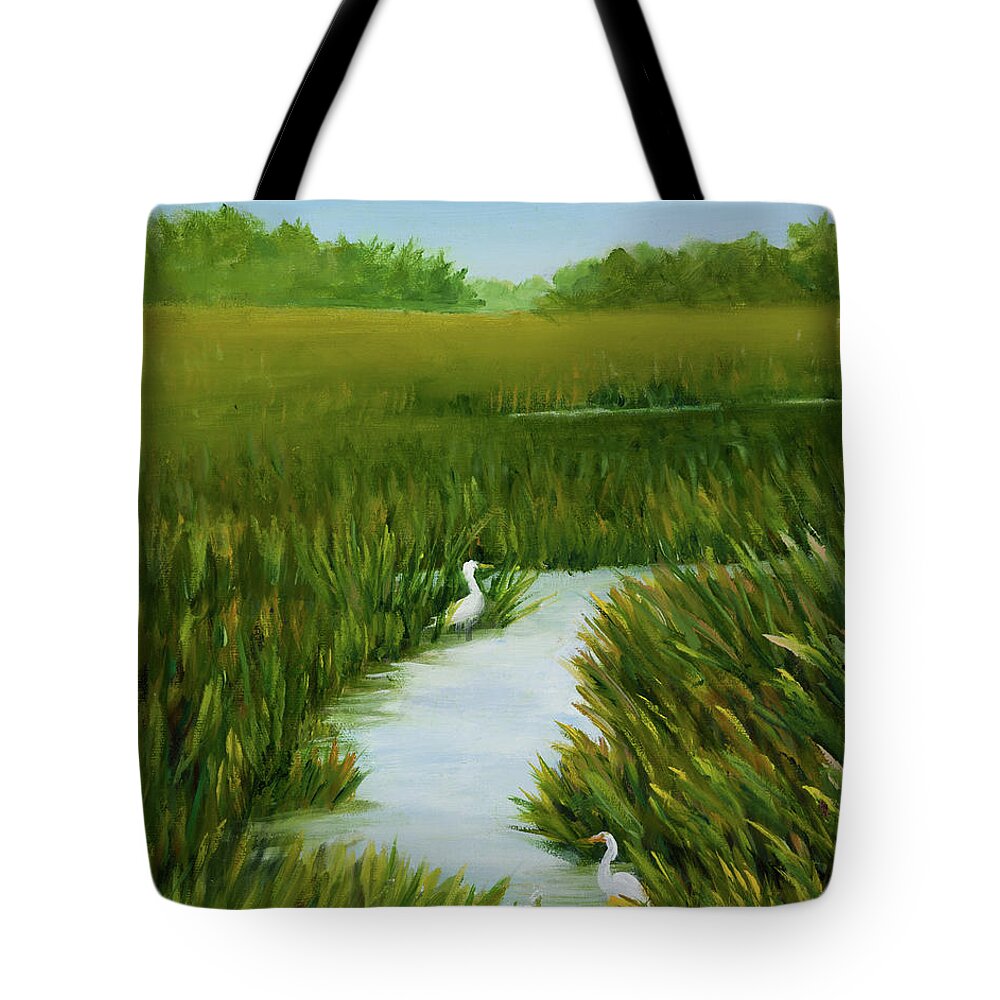 Egrets In Marsh. Summer Marsh With Egrets Tote Bag featuring the painting Egrets Respite by Audrey McLeod