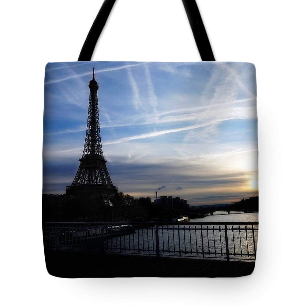 Blue Tote Bag featuring the photograph Eiffel Tower, Seine and Blue Skies by Aurella FollowMyFrench