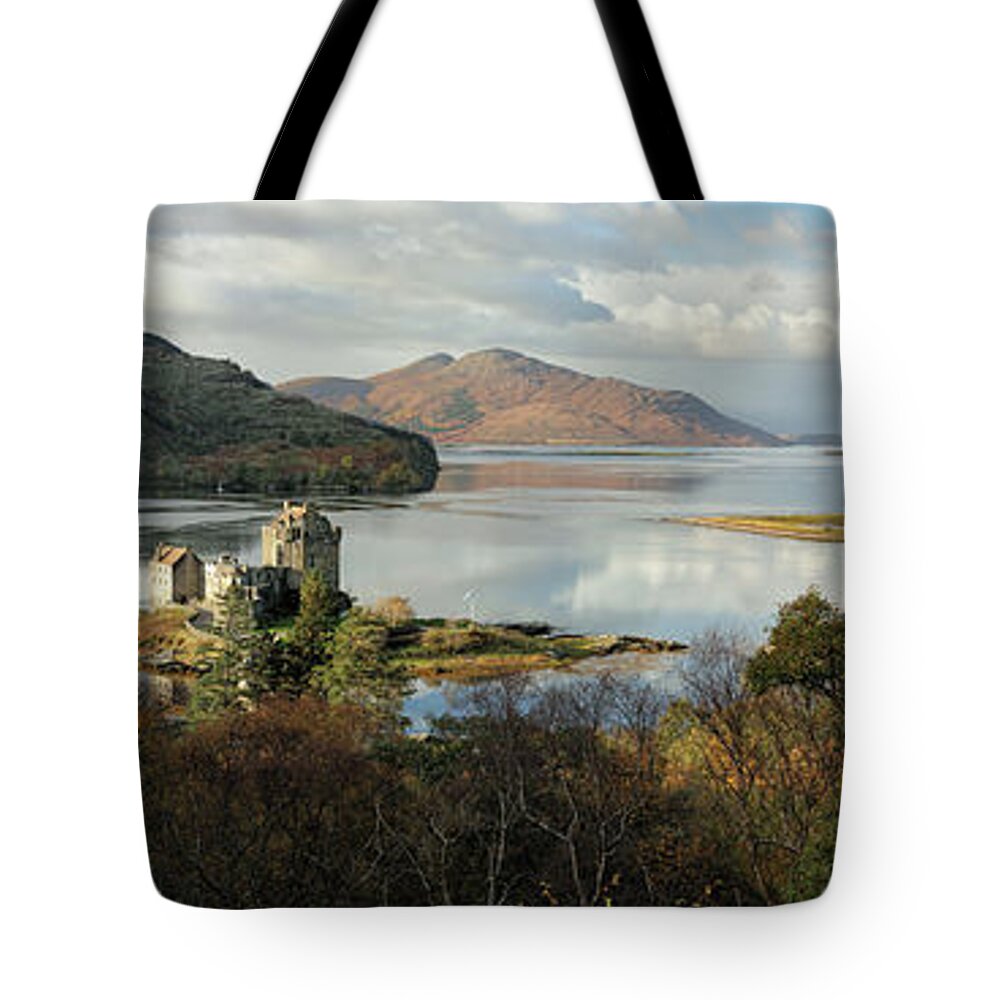 Eilean Donan Tote Bag featuring the photograph Eilean Donan Panorama - Autumn by Grant Glendinning