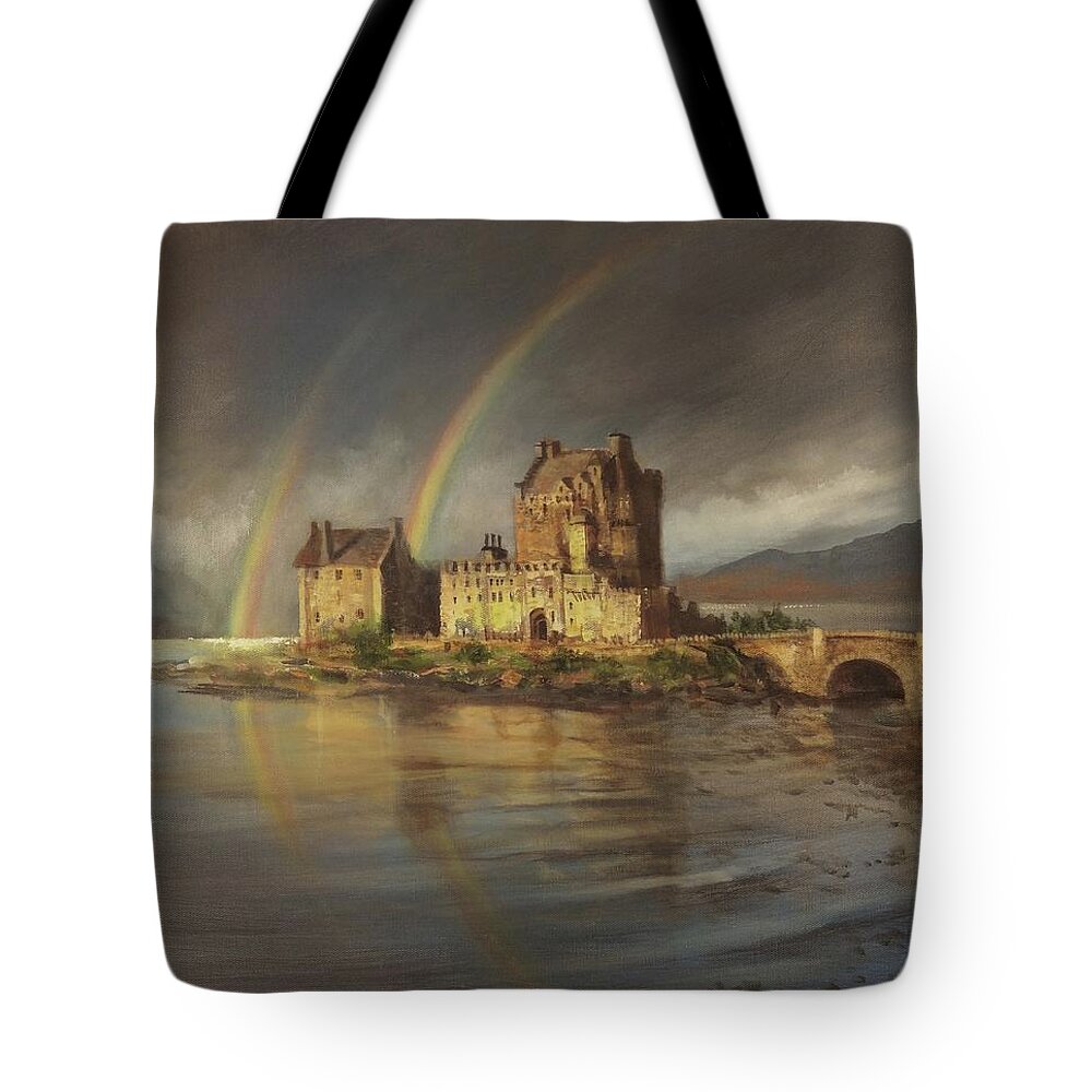 Eilean Donan Castle; Scotland; Rainbow; Tom Shropshire Painting; Scottish Castle Tote Bag featuring the painting Eilean Donans Rainbows by Tom Shropshire
