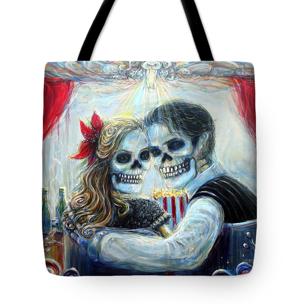 Skeletons Tote Bag featuring the painting El Cine by Heather Calderon