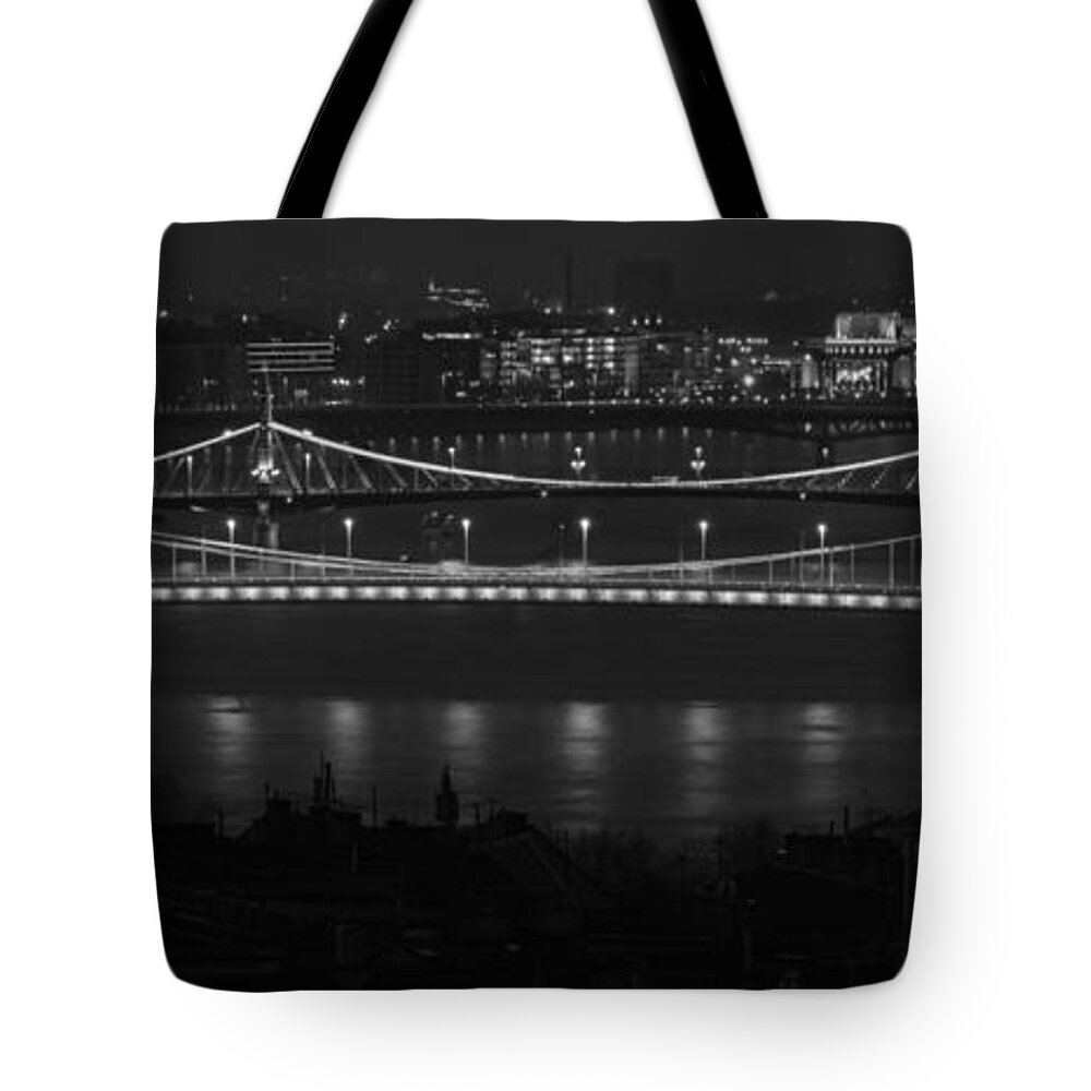 Joan Carroll Tote Bag featuring the photograph Elizabeth and Liberty Bridges Budapest BW by Joan Carroll