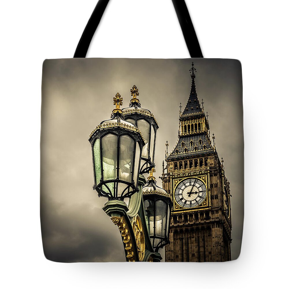April 2015 Tote Bag featuring the photograph Elizabeth Tower and Lamp on Westminster Bridge by Nicky Jameson