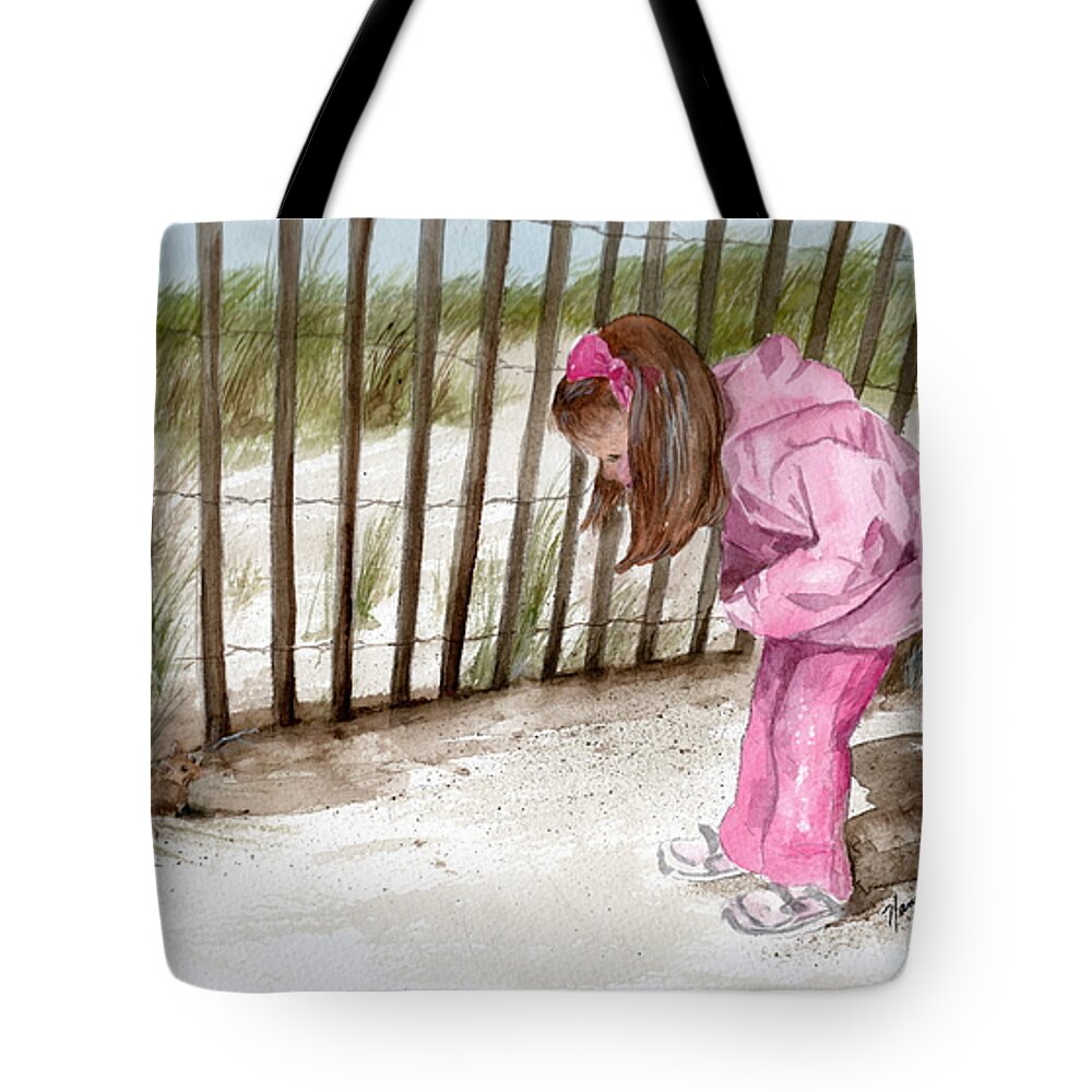 Beach Tote Bag featuring the painting Ella Spots a Mouse by Nancy Patterson