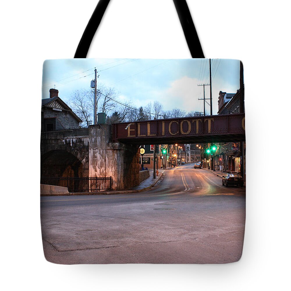 Ellicott Tote Bag featuring the photograph Ellicott City Nights - Entrance to Main Street by Ronald Reid