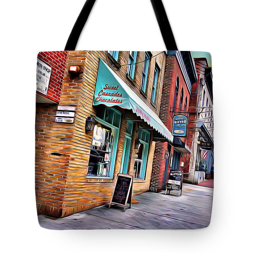 Ellicott Tote Bag featuring the digital art Ellicott City Shops by Stephen Younts