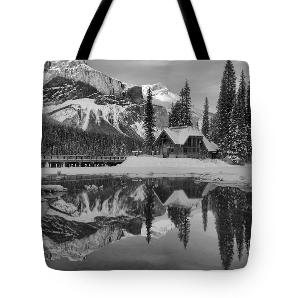 Emerald Lake Tote Bag featuring the photograph Emerald Lake Winter Sunset Reflections Black And White by Adam Jewell