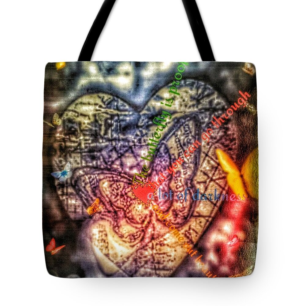 Heart Tote Bag featuring the mixed media Emerge by Christine Paris