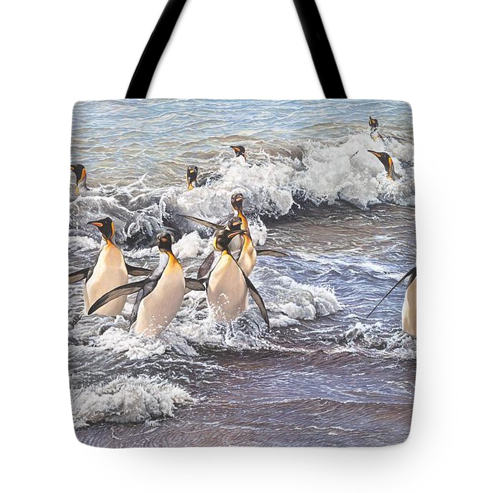 Wildlife Paintings Tote Bag featuring the painting Emperor Penguins by Alan M Hunt