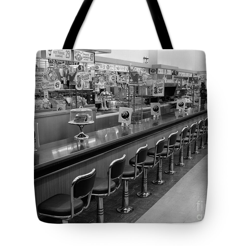 1950s Tote Bag featuring the photograph Empty Diner, C.1950-60s by H. Armstrong Roberts/ClassicStock