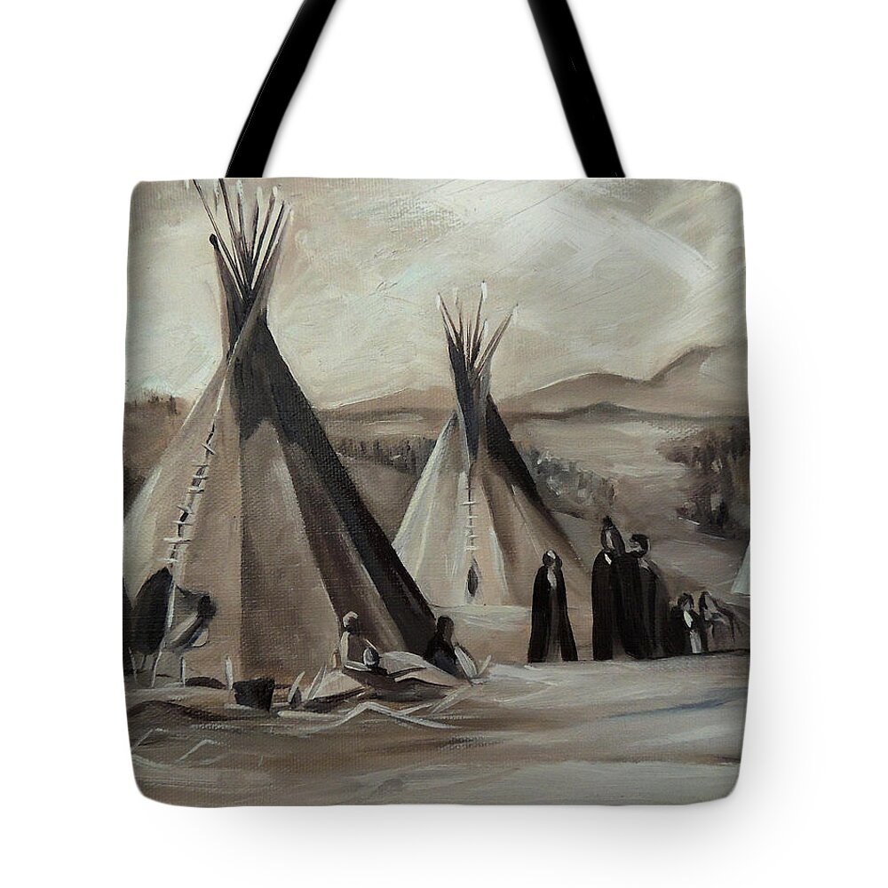 Shoshone Encampment Tote Bag featuring the painting Encampment of the Shoshone by Nancy Griswold