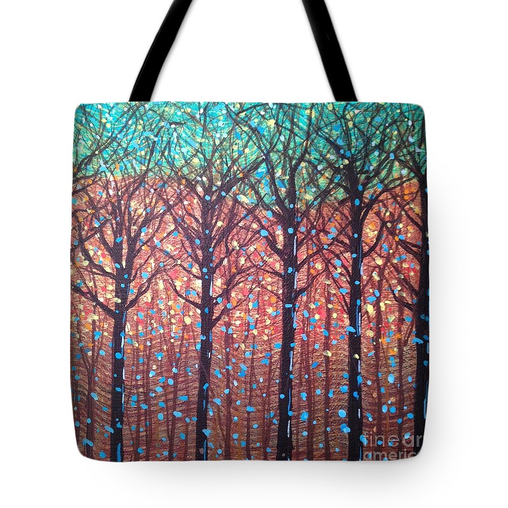 #trees #forest #sunlight #abstract #art #woods Tote Bag featuring the painting Enchanted Forest by Allison Constantino