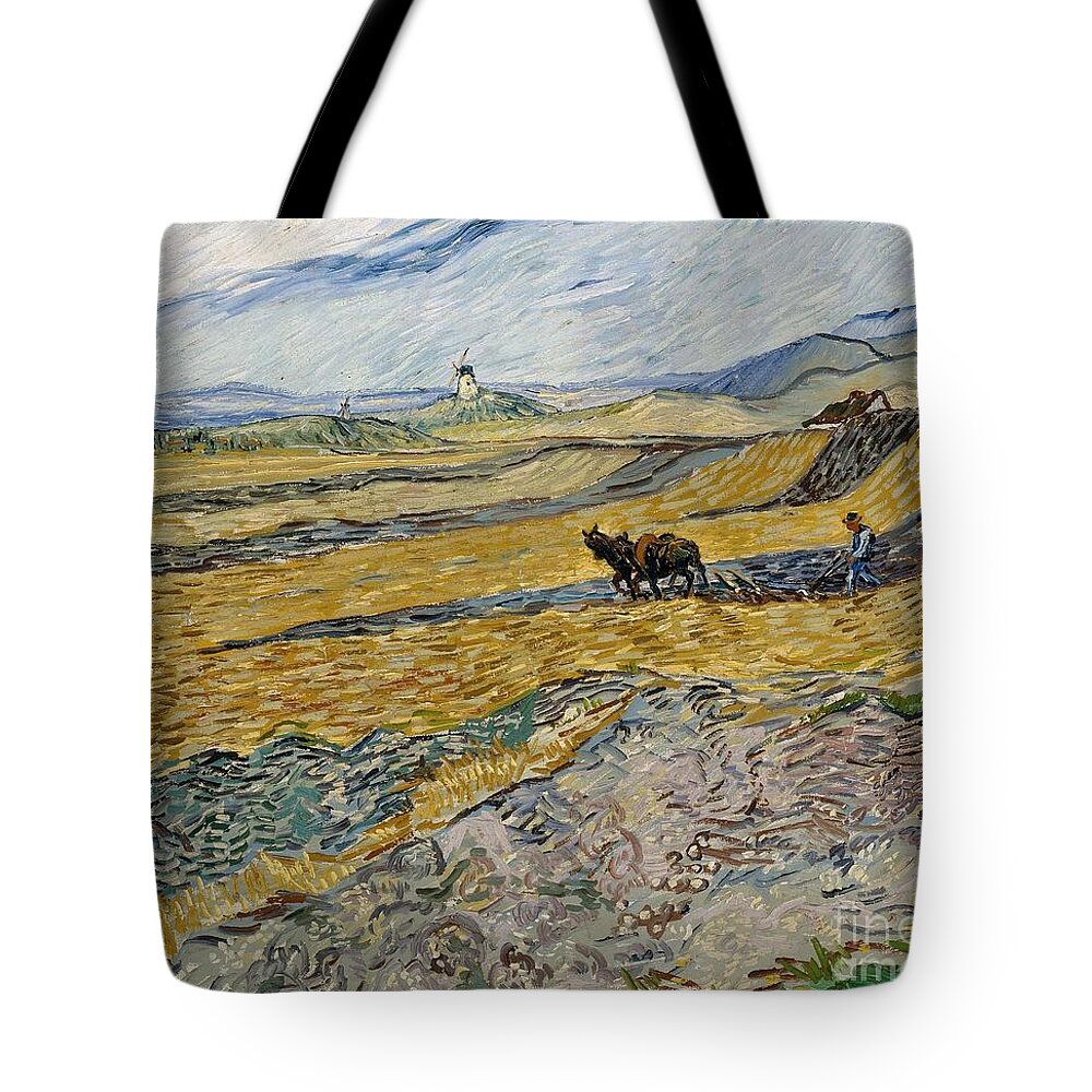 Enclosed Field With Ploughman October 1889 Vincent Van Gogh (dutch (worked In France) Tote Bag featuring the painting Enclosed Field with Ploughman October by MotionAge Designs