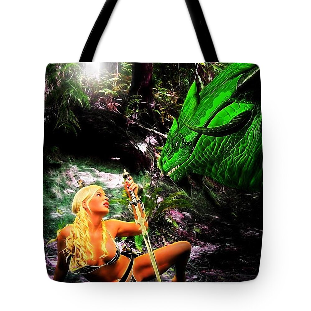 Fantasy Tote Bag featuring the painting Encounter With A Dragon by Jon Volden