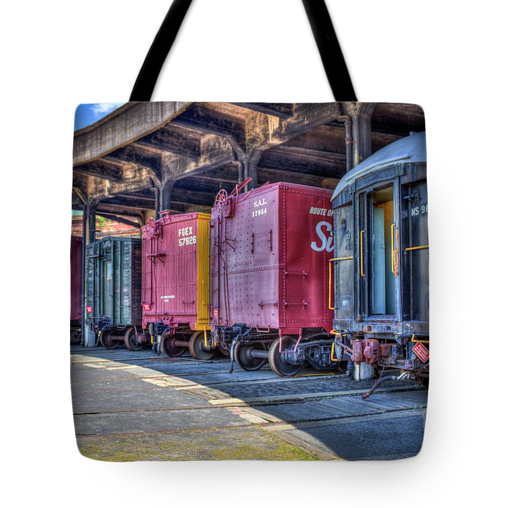 Reid Callaway Roundhouse Art Tote Bag featuring the photograph End Of The Track Train Cars Central Of Georgia Rail Road Art by Reid Callaway