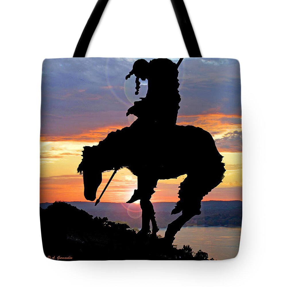 Tourist Attraction Tote Bag featuring the photograph End of the Trail Sculpture in a Sunset by A Macarthur Gurmankin