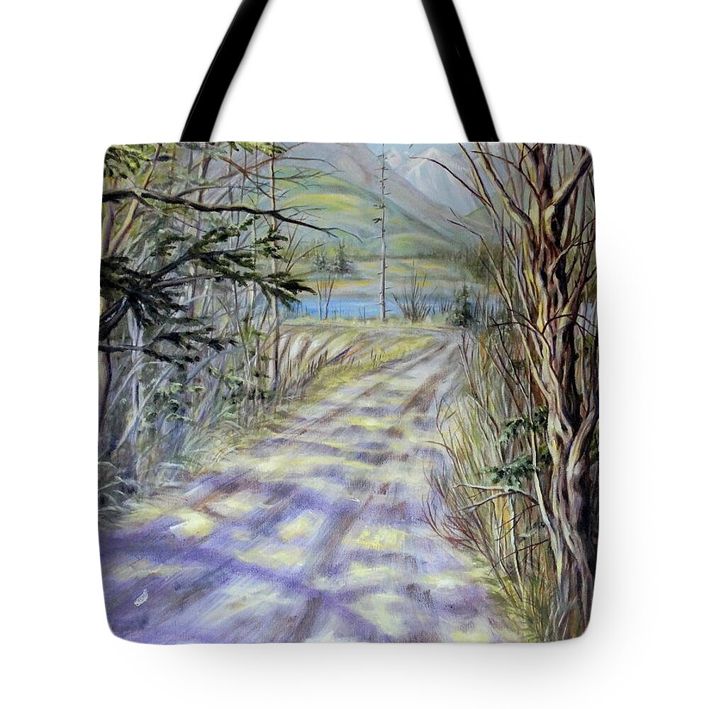 Estuary Sky Water Trees Bushes Branches Evergreens Mountains Road Path Landscape River Grasses Yellow Brown Green Blue White Purple Orange Sunlight Shade Shadows Tote Bag featuring the painting End Of Winter by Ida Eriksen