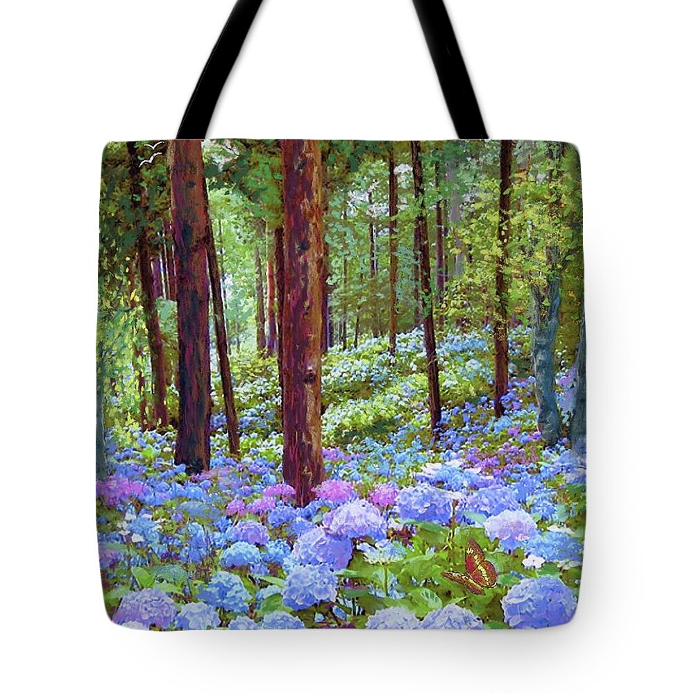 Landscape Tote Bag featuring the painting Endless Summer Blue Hydrangeas by Jane Small