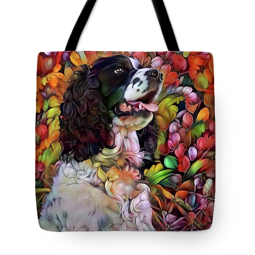 English Springer Spaniel Tote Bag featuring the mixed media English Springer Spaniel in the Garden by Peggy Collins