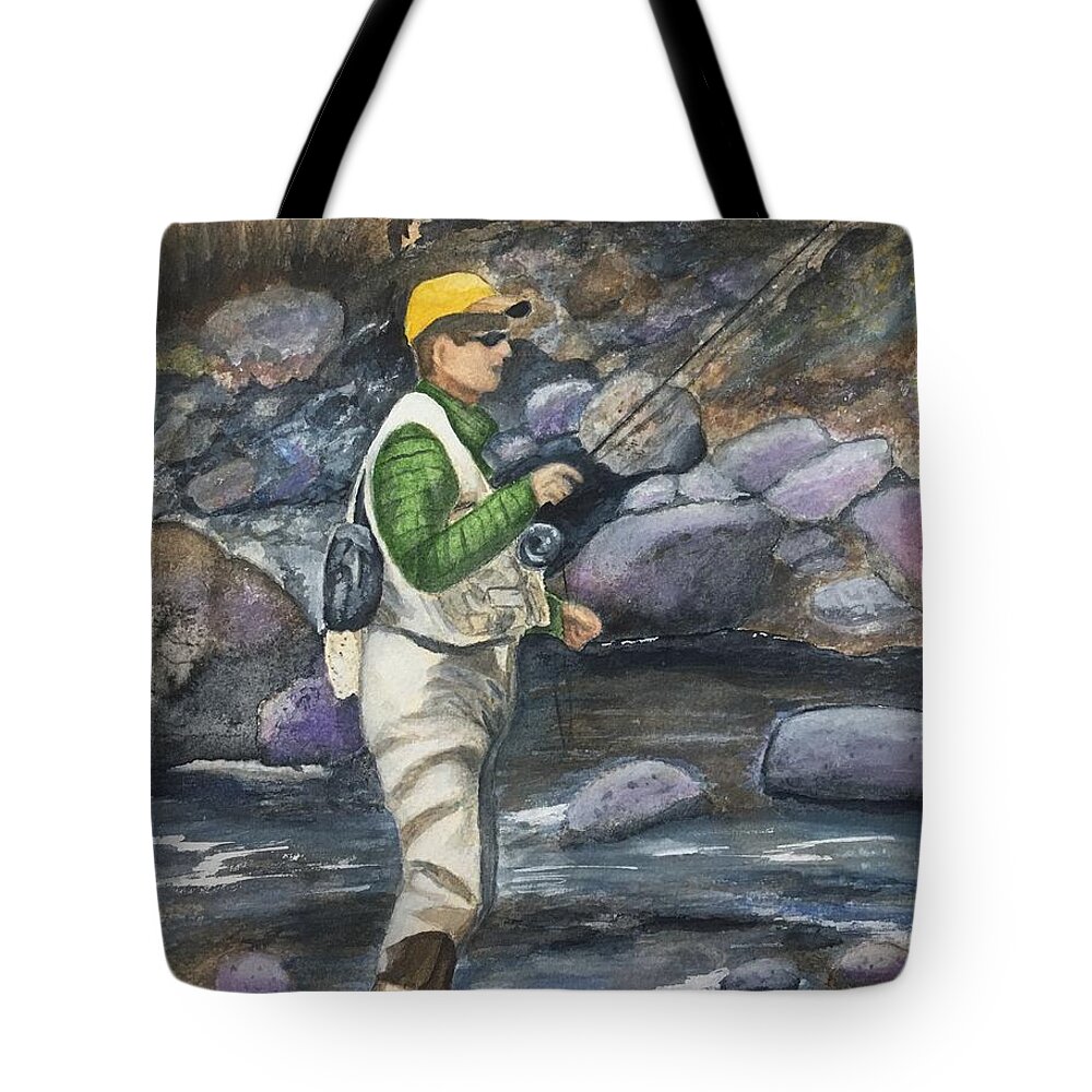 Fly Fishing Tote Bag featuring the painting Enjoying the Day Off by Sue Carmony