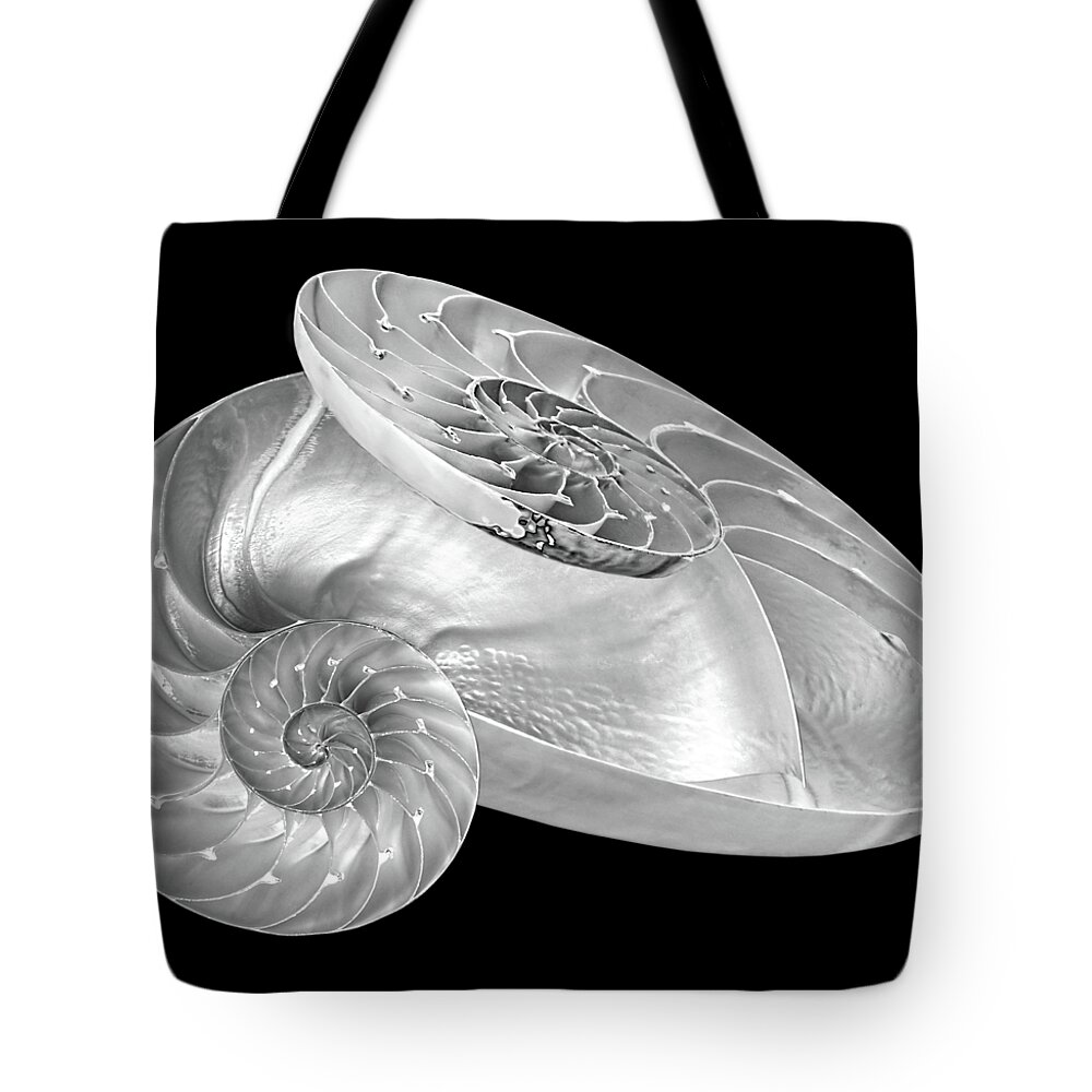 Black And White Sea Shell Tote Bag featuring the photograph Entwined Nautilus in Black and White by Gill Billington