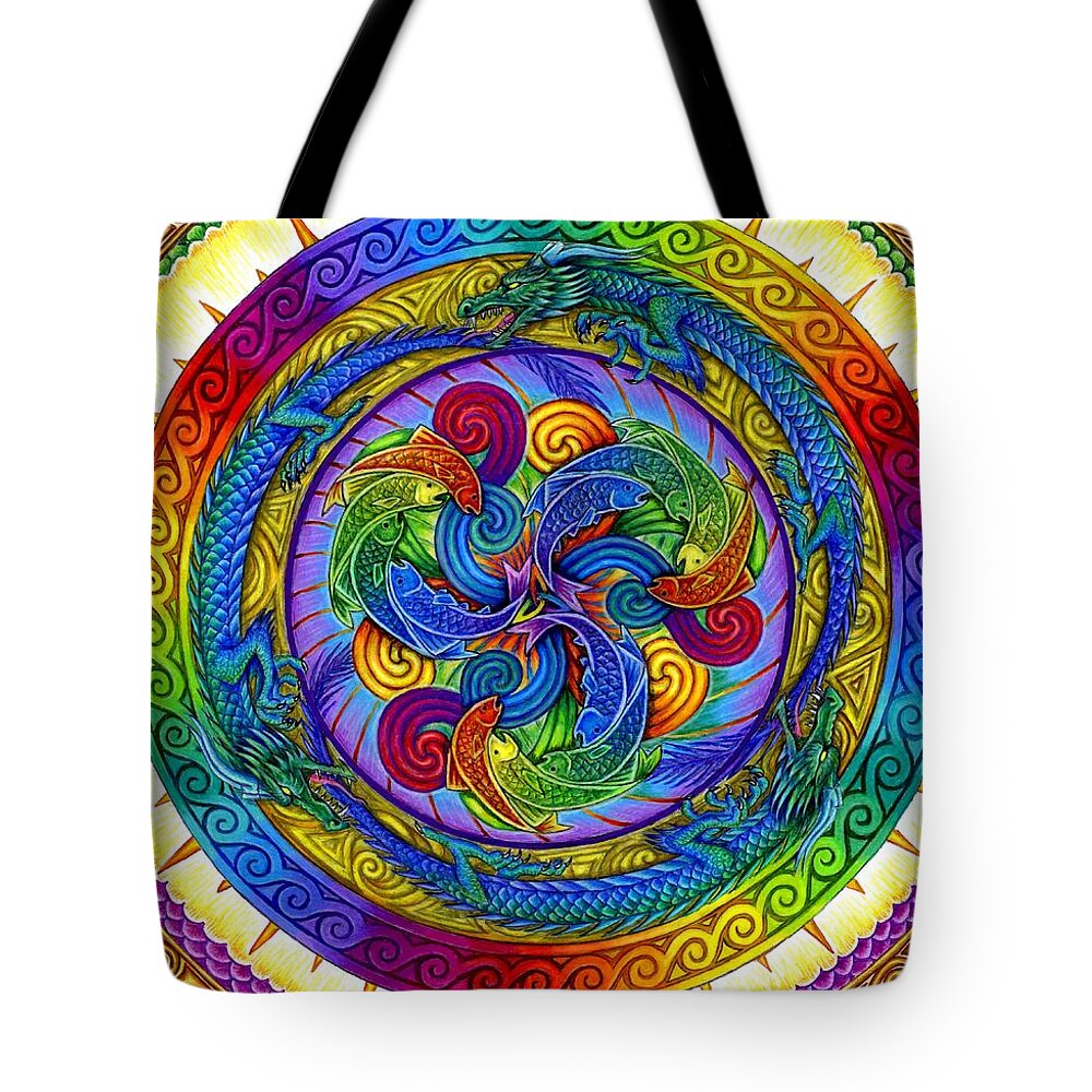 Dragon Tote Bag featuring the drawing Psychedelic Dragons Rainbow Mandala by Rebecca Wang