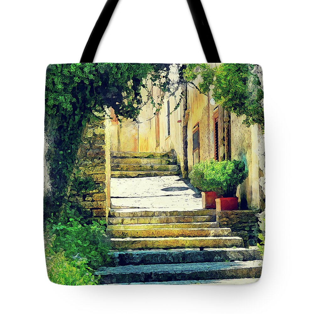 Erice Tote Bag featuring the painting Erice art 8 Sicilia by Justyna Jaszke JBJart