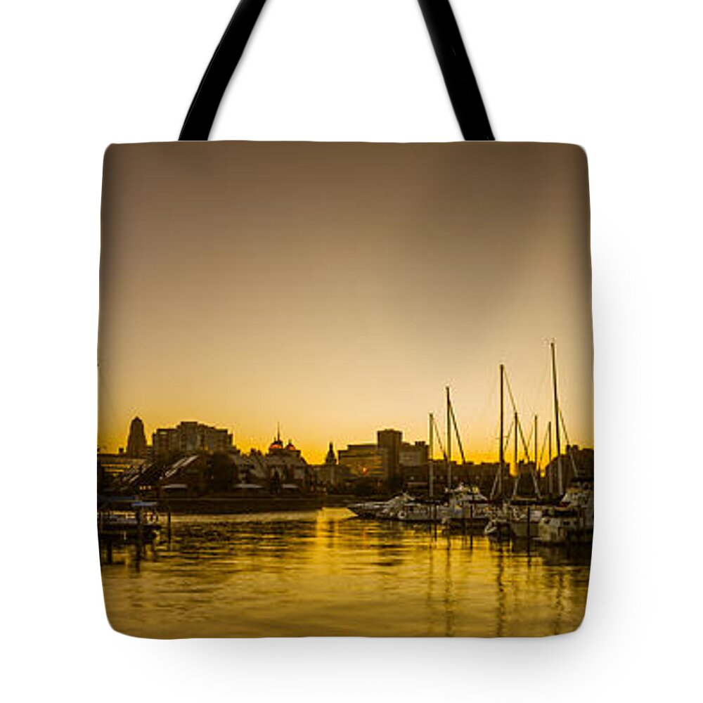 Buffalo Cityscape Tote Bag featuring the photograph Erie Basin Marina Twilight by Chris Bordeleau