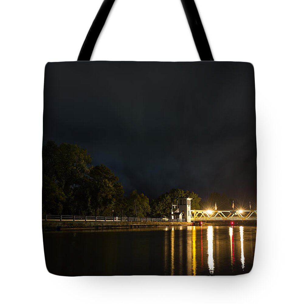 Everybody Down Tote Bag featuring the photograph Erie Canal Lift bridge at Night by Chris Bordeleau