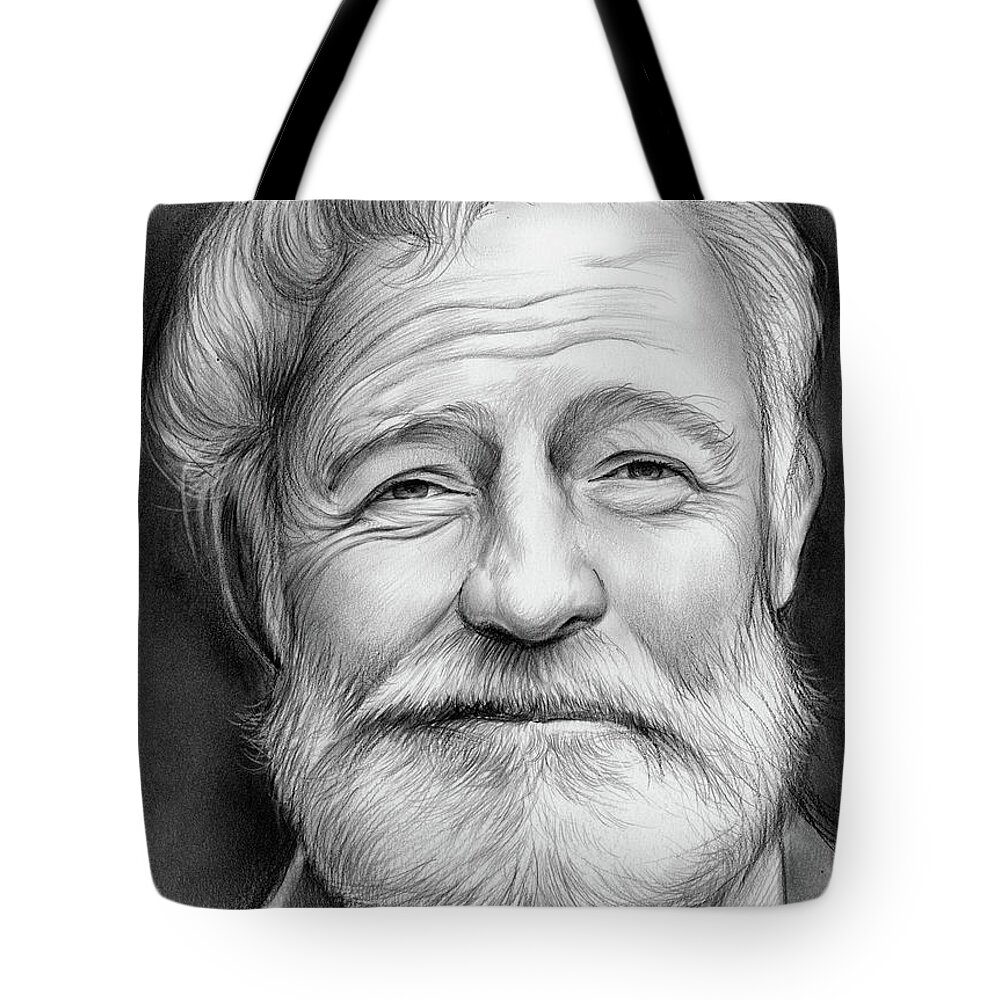 Ernest Hemingway Tote Bag featuring the drawing Ernest Hemingway by Greg Joens