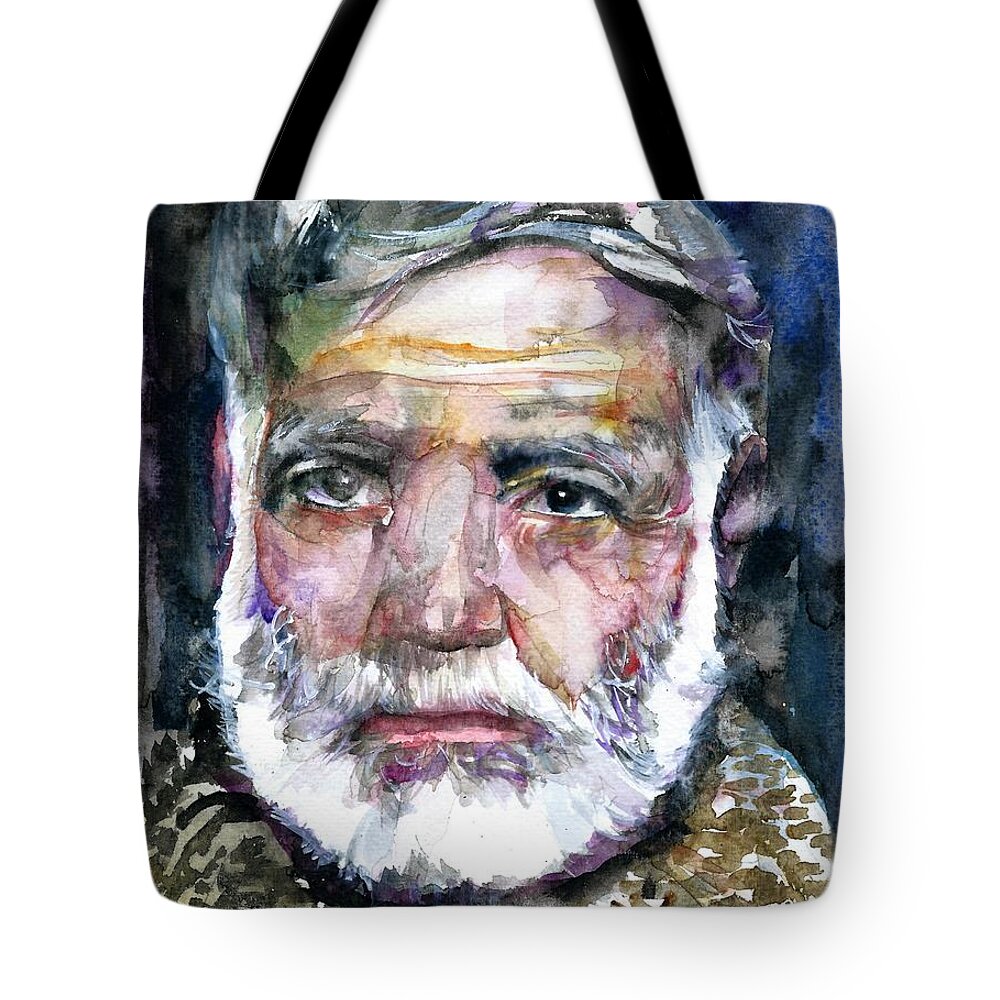 Hemingway Tote Bag featuring the painting ERNEST HEMINGWAY - watercolor portrait.12 by Fabrizio Cassetta