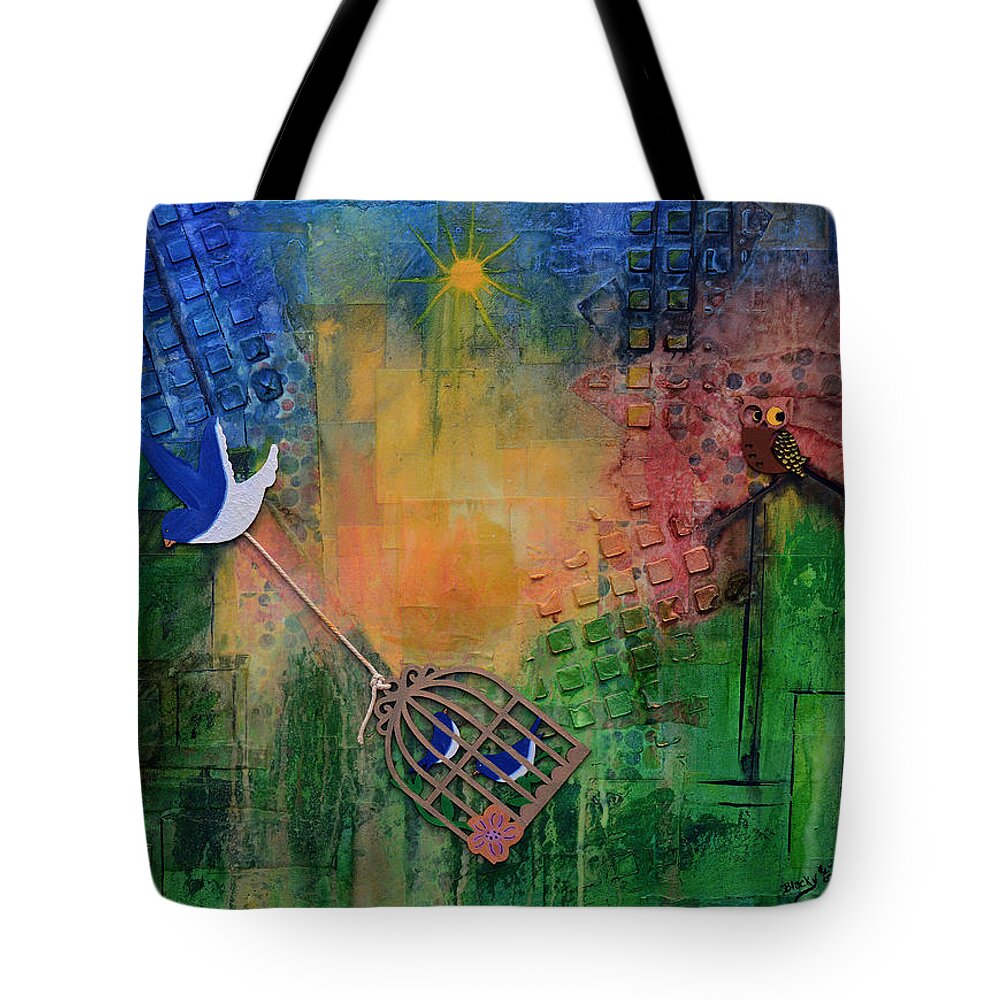 Bluebirds Tote Bag featuring the mixed media Escaping The City by Donna Blackhall