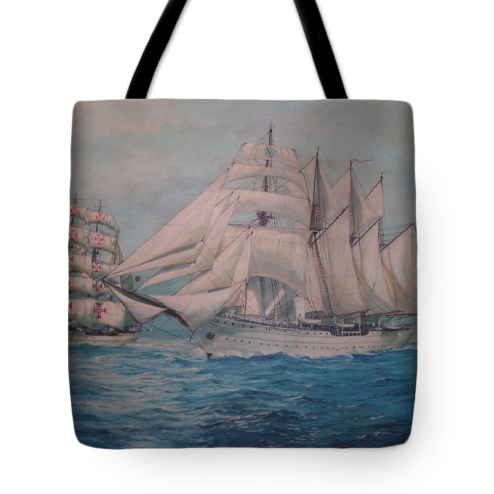 Sea Scape Tote Bag featuring the painting Esmerelda and the Sagres Tall Ships by Perry's Fine Art