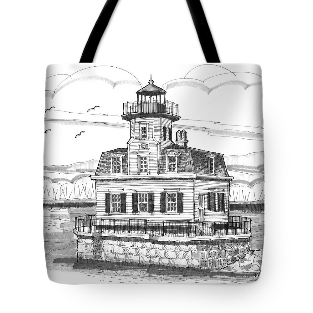 Landscape Tote Bag featuring the drawing Esopus Meadows Lighthouse by Richard Wambach