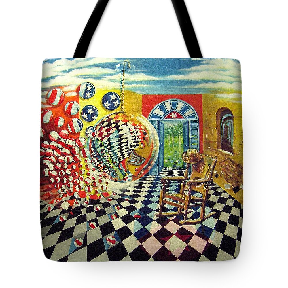 Spheres Tote Bag featuring the painting Esperando ansiosamente la salida by Roger Calle