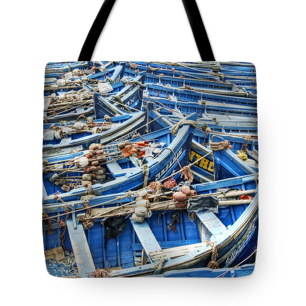 Essaouira Tote Bag featuring the photograph Essaouira Blue Fishing Boats by David Birchall