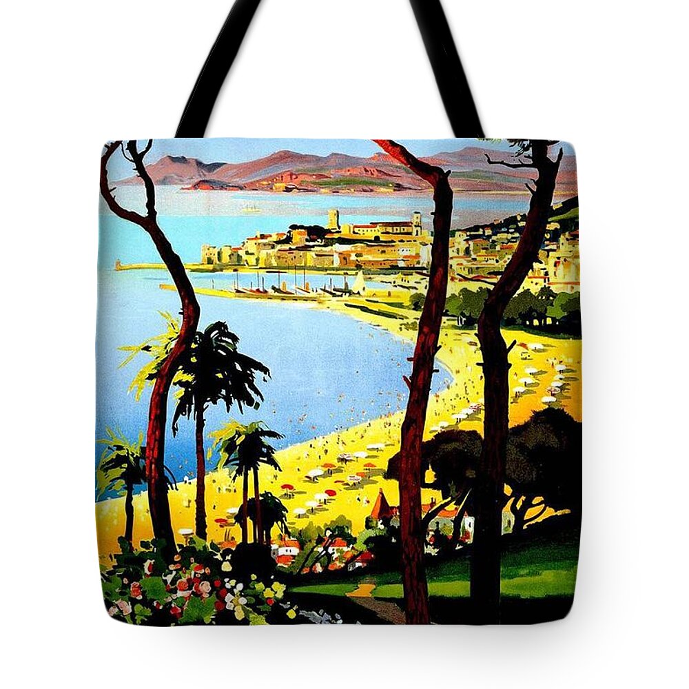 Cannes Tote Bag featuring the mixed media Ete Cannes Hiver Cote D'azur - Retro travel Poster - Vintage Poster by Studio Grafiikka